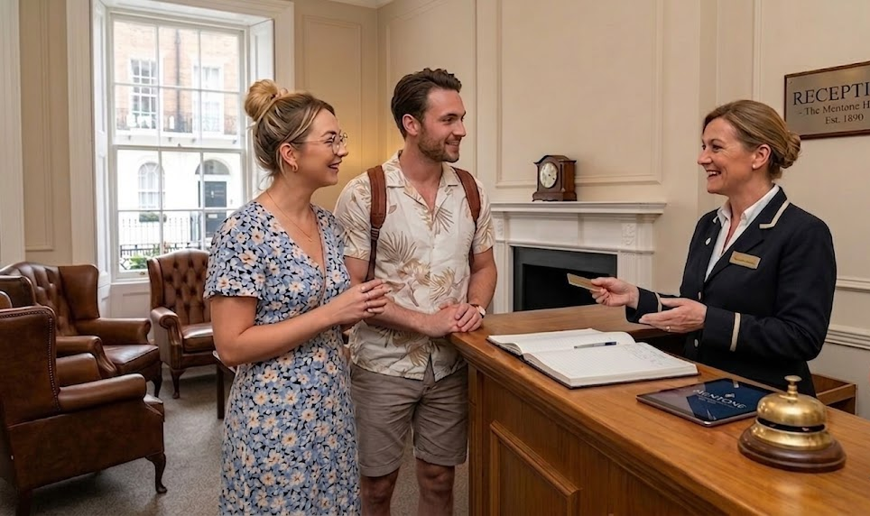 Hotel receptionist welcomes a couple at check-in counter, engaging conversation in elegant lobby setting