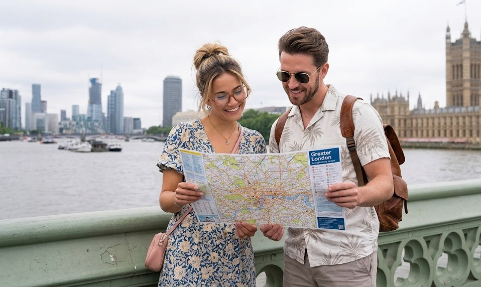 Couple exploring London with a map on Westminster Bridge, Big Ben and Thames River in the background