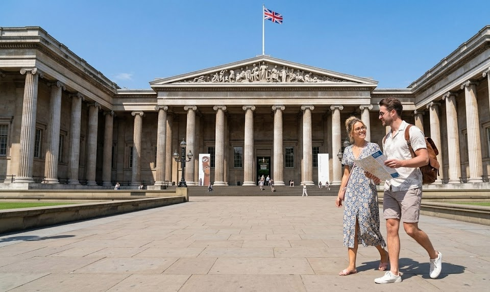 Couple exploring British Museum entrance in summer, holding a map, UK flag in background, clear blue sky overhead