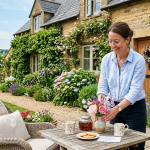 Woman arranging flowers on table outside idyllic cottage with garden and tea setup, surrounded by lush greenery