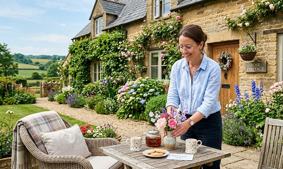 Woman arranging flowers on table outside idyllic cottage with garden and tea setup, surrounded by lush greenery